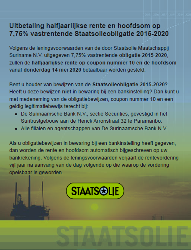 Uitbetaling rente en hoofdsom Staatsolieobligatie 2015-2020