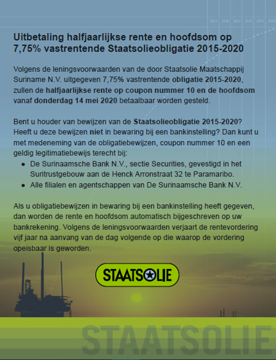 Uitbetaling rente en hoofdsom Staatsolieobligatie 2015-2020